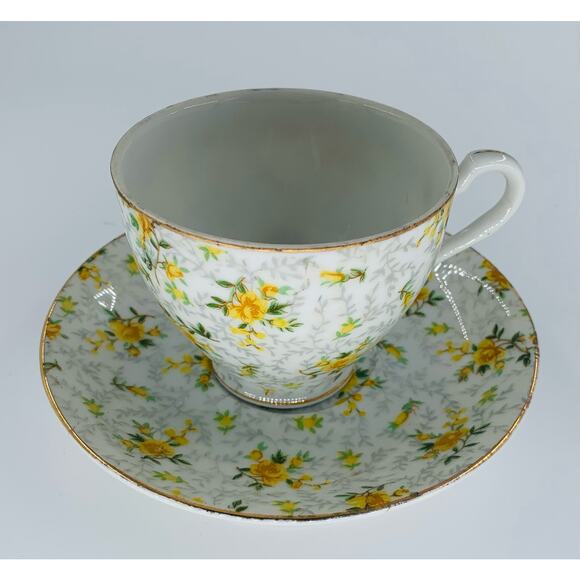 Ries Japan Ceramic Tea Cup & Saucer White Yellow Roses Gray Floral Gold Accents - Picture 9 of 9